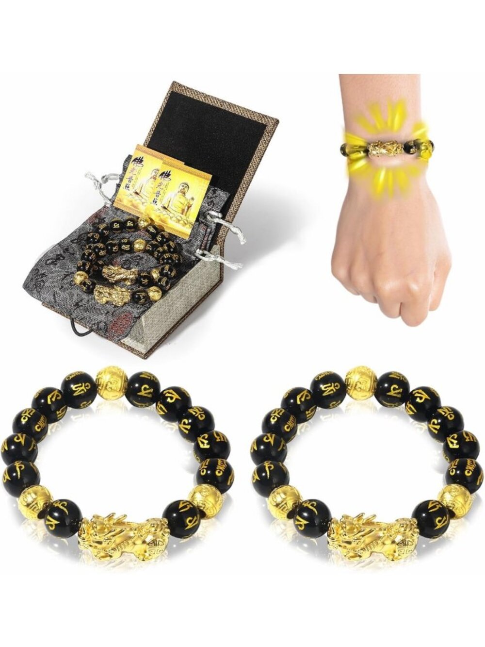 Obsidian Pixiu Bracelet for Men & Women - 24k Gold Plated, Wealth & Luck Charm